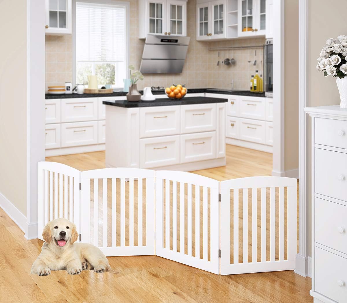 Wooden Freestanding Foldable Pet Gate for Dogs, 24 inch 4 Panels Step Over Fence, Dog Gate for The House, Doorway, Stairs, Extra Wide (White, 24" Height-4 Panels)