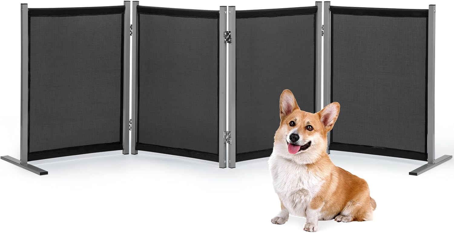 4 Panel Indoor Foldable Dog Fence Freestanding Dog Gate for Stairs, Hallways, or Doorways for Small Dogs- 68 X 24 Inch, Black, Need Assembly