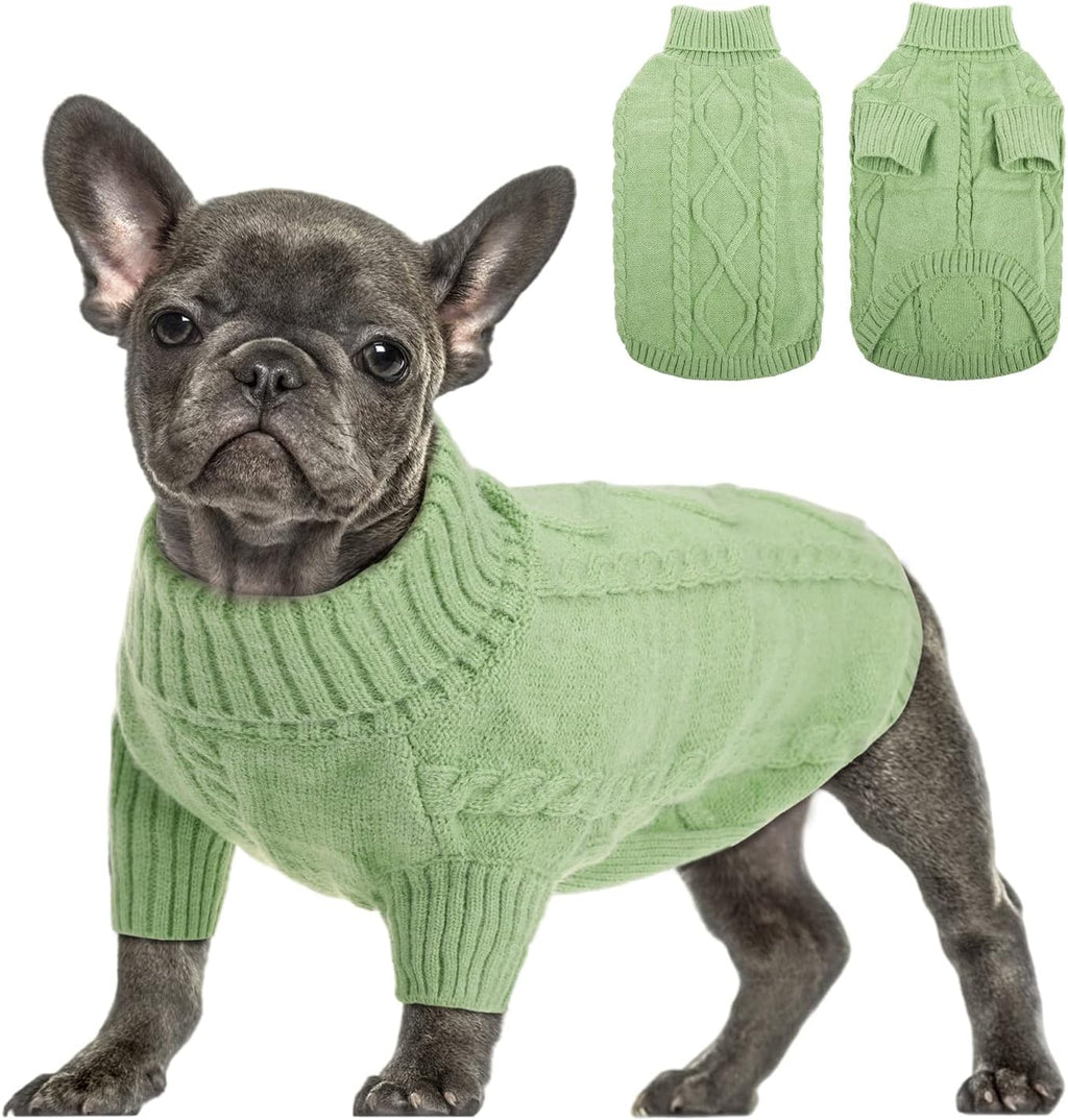 Small Dog Pullover Sweater, Cold Weather Cable Knitwear, Classic Turtleneck Thick Warm Clothes for Chihuahua, Bulldog, Dachshund, Pug, Yorkie