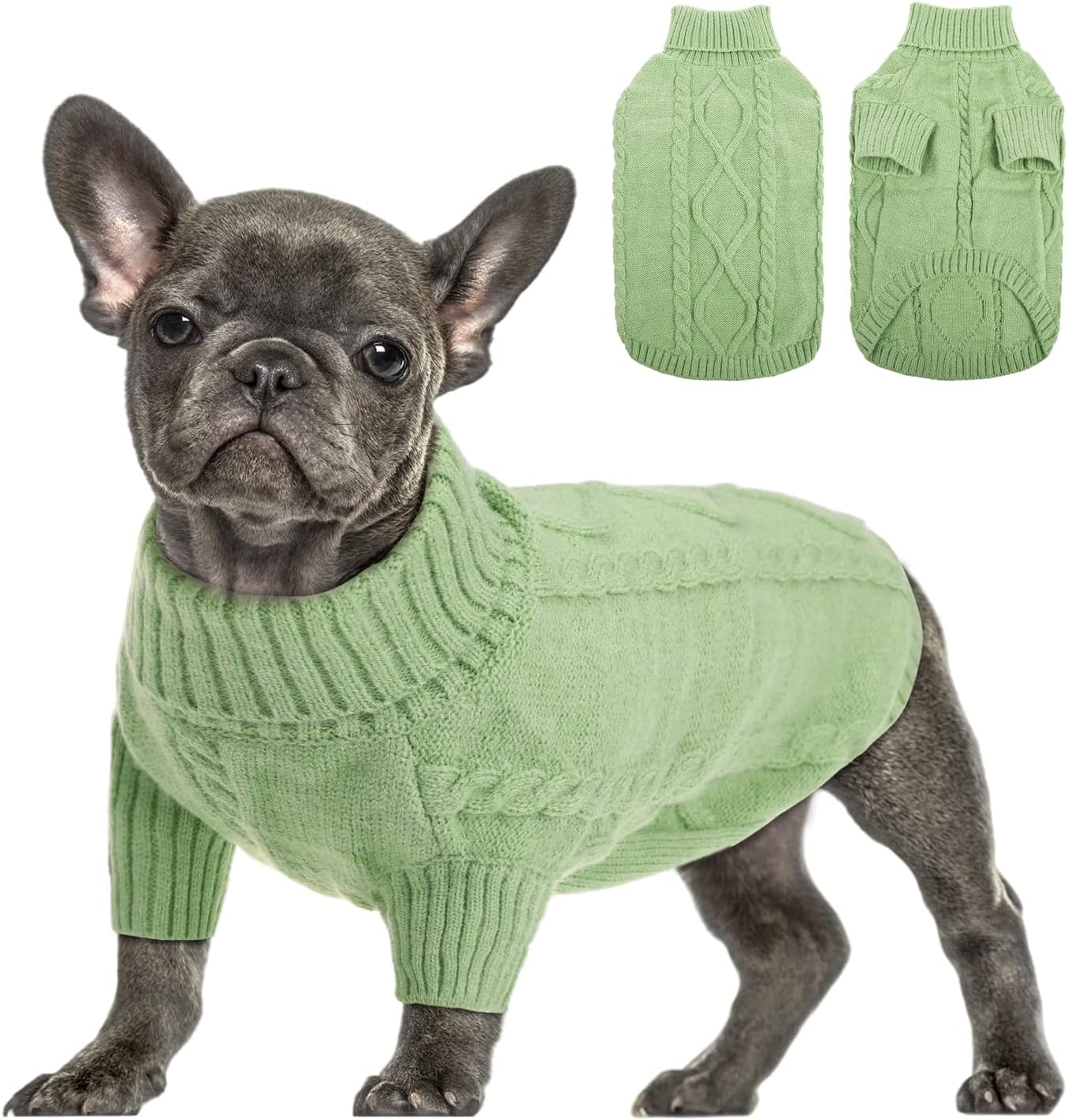 Small Dog Pullover Sweater, Cold Weather Cable Knitwear, Classic Turtleneck Thick Warm Clothes for Chihuahua, Bulldog, Dachshund, Pug, Yorkie