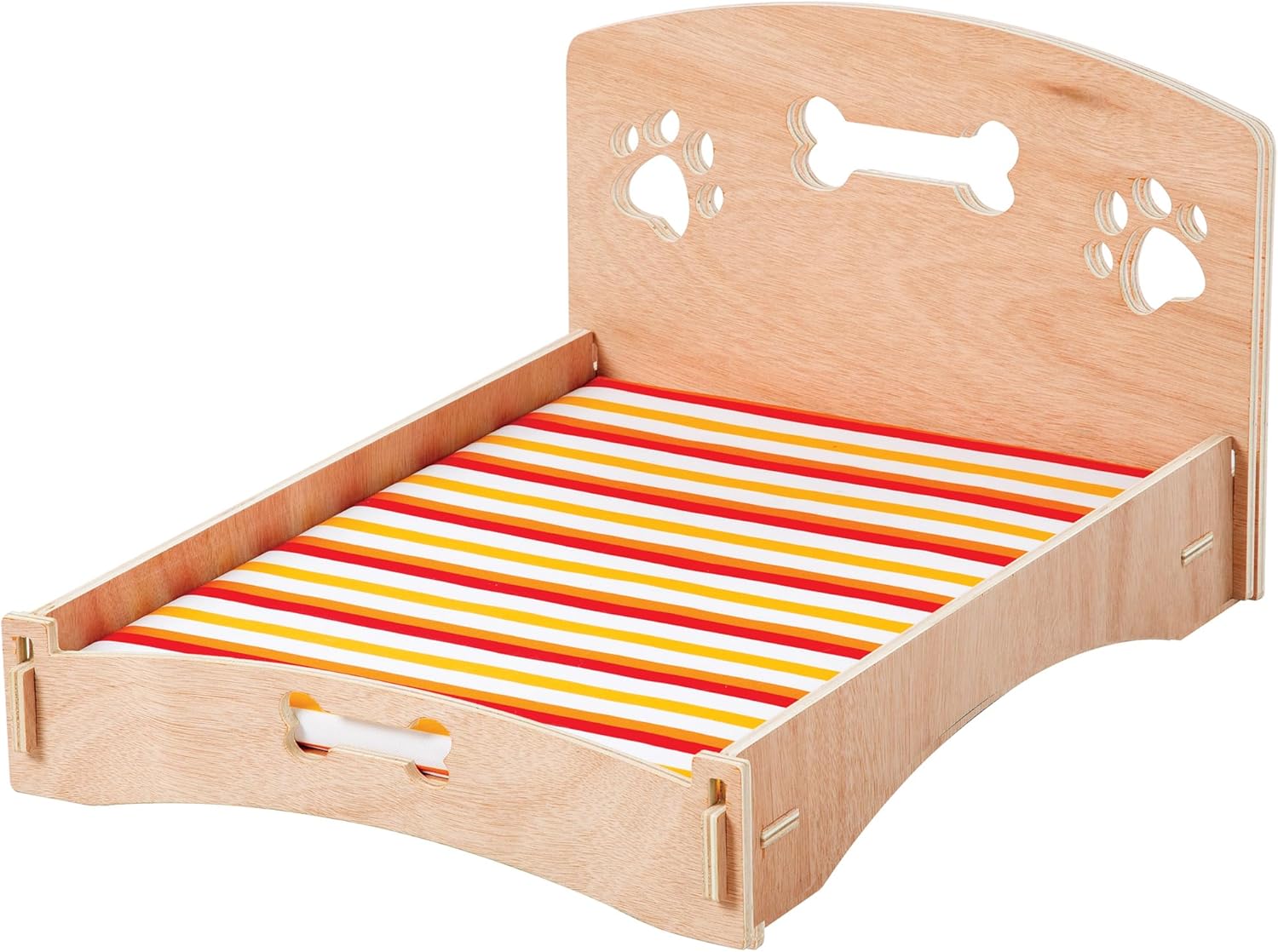 Wooden Dog Bed Bone and Footprint Design with Removable Stripe Cushion, Small Pet Bed for Indoor/Outdoor Use 22" L x 16" W x 12" H