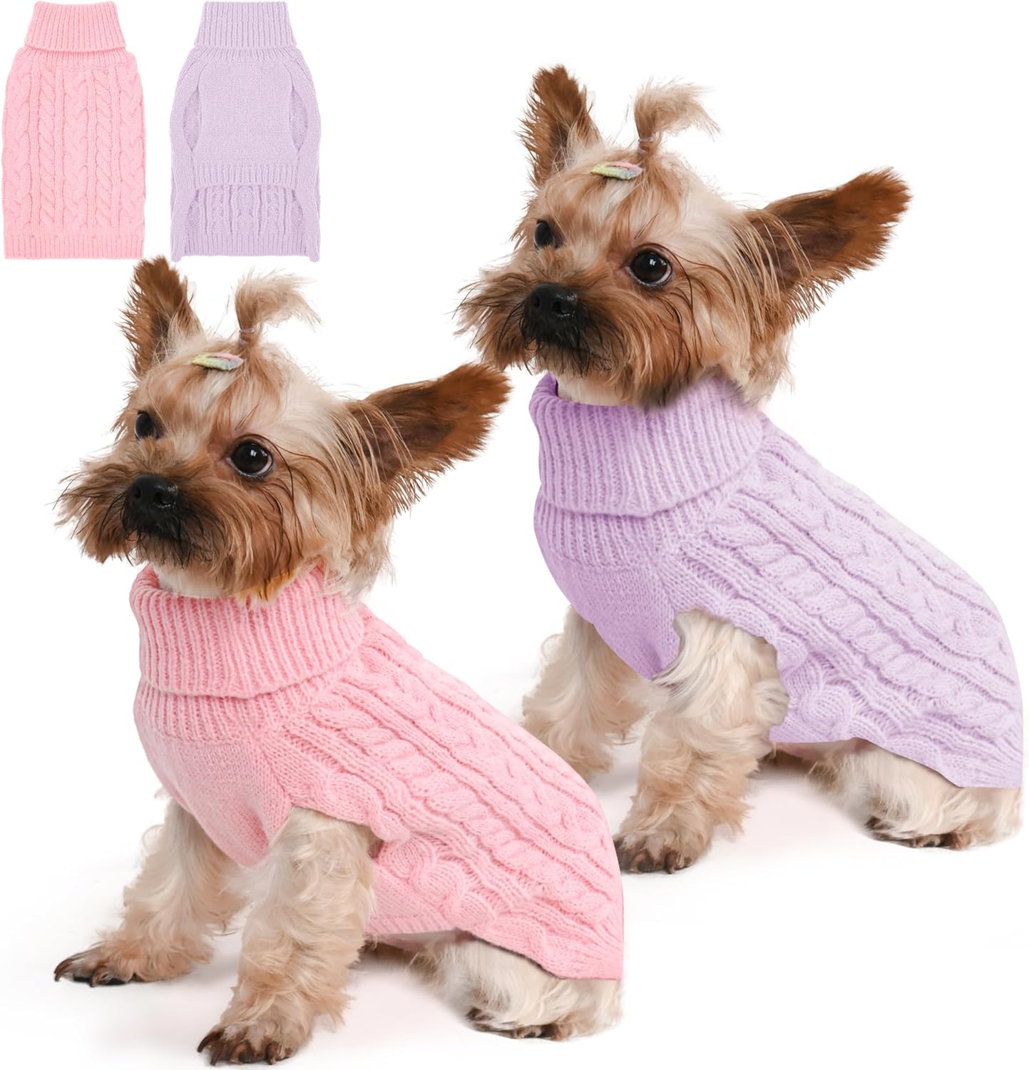 2 Pack Dog Sweaters for Dogs Winter Turtleneck Pullover Cable Knit Fleece Stretch Puppy Doggie Chihuahua Toy Poodle Yorkie Pomeranian Boy Girl Pet Clothes