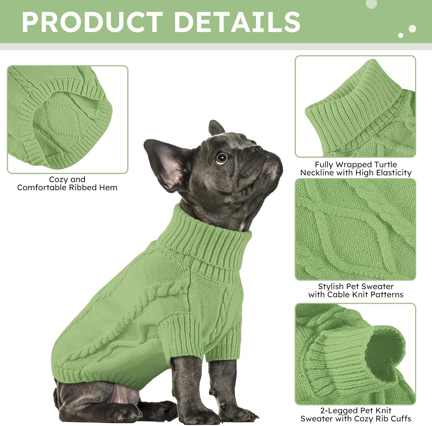 Small Dog Pullover Sweater, Cold Weather Cable Knitwear, Classic Turtleneck Thick Warm Clothes for Chihuahua, Bulldog, Dachshund, Pug, Yorkie