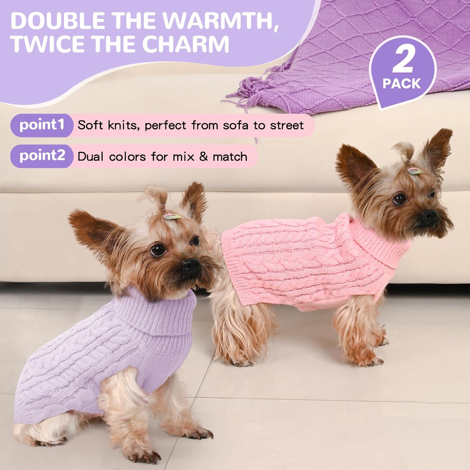 2 Pack Dog Sweaters for Dogs Winter Turtleneck Pullover Cable Knit Fleece Stretch Puppy Doggie Chihuahua Toy Poodle Yorkie Pomeranian Boy Girl Pet Clothes