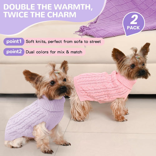 2 Pack Dog Sweaters for Dogs Winter Turtleneck Pullover Cable Knit Fleece Stretch Puppy Doggie Chihuahua Toy Poodle Yorkie Pomeranian Boy Girl Pet Clothes