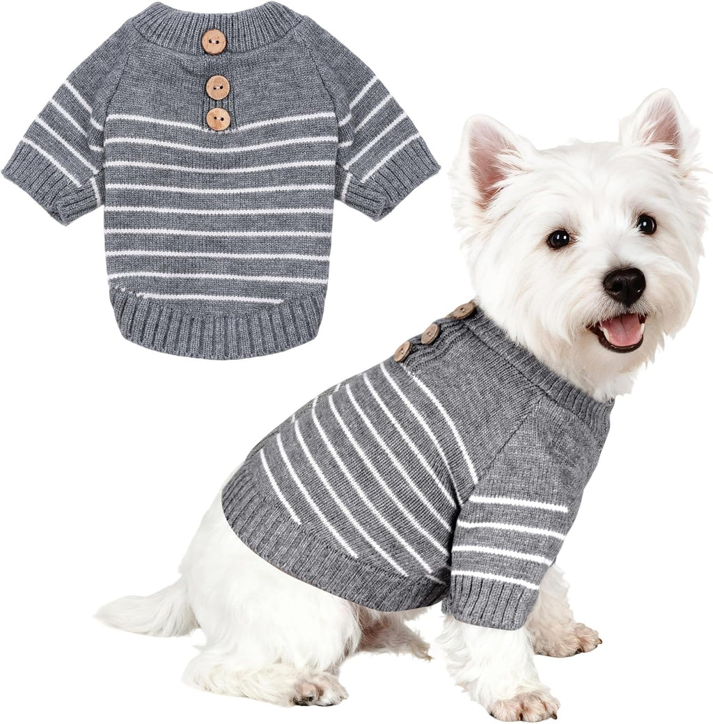 Dog Knitted Sweater with Wooden Buttons Cozy Pet Striped Winter Clothes for Chihuahuas Small Dogs Cats Boy