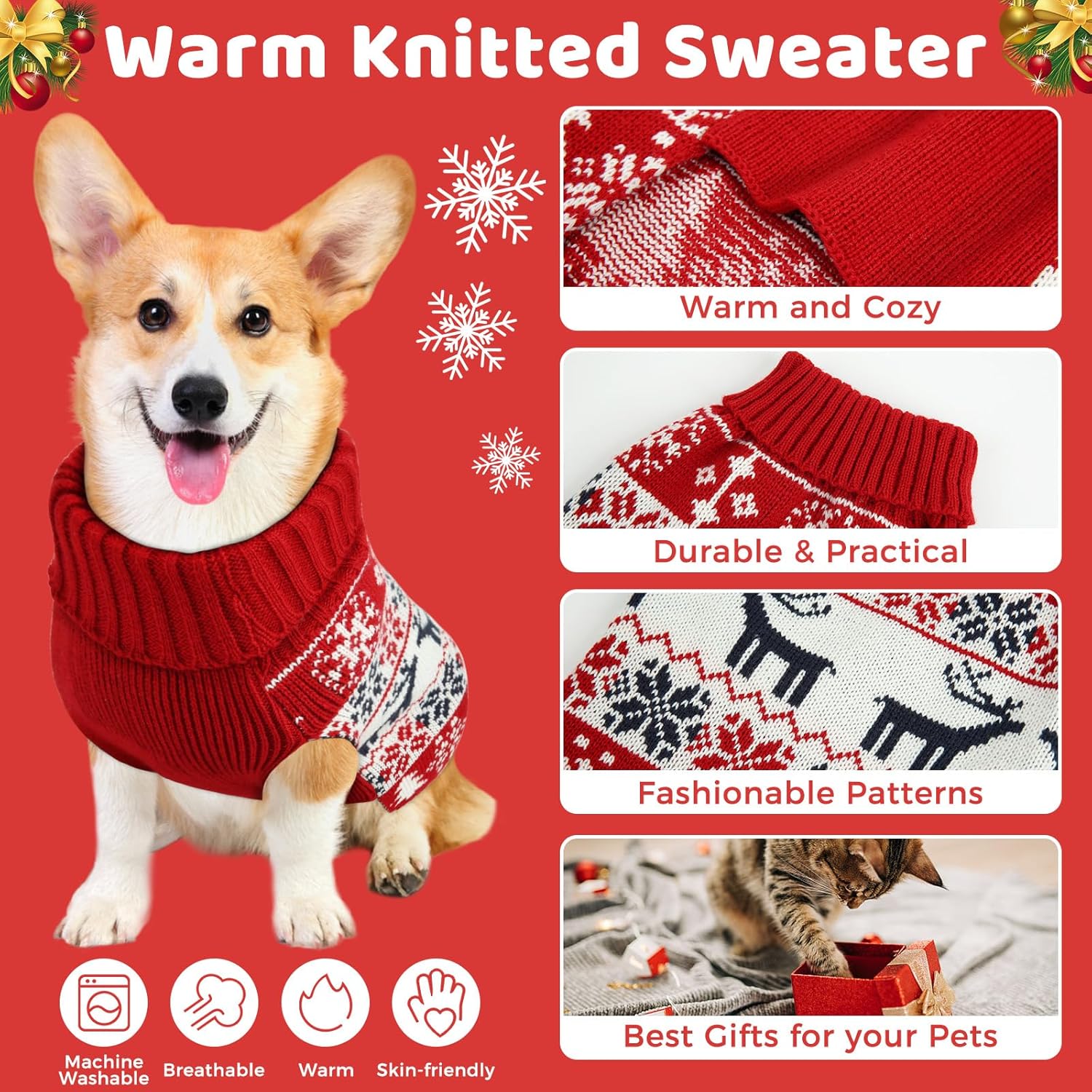 Christmas Dog Sweaters for Dogs and Cats,Pet Soft Warm Holiday Outfit Girl & Boy,Pup Winter Clothes Turtleneck Double Knitting Collar for Outdoors Playing